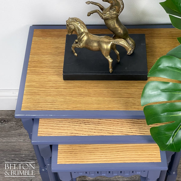 Oak Nest of Tables in Blue by Farrow Ball – Close-up of oak top with blue finish and texture