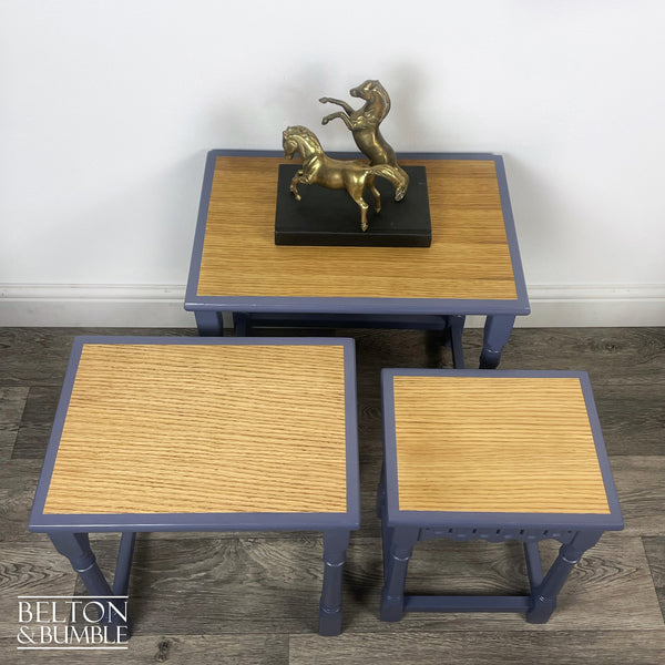 Oak Nest of Tables in Blue by Farrow Ball – Restored vintage piece with oak and blue accents and polished top, turned legs