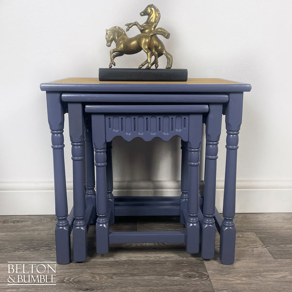Oak Nest of Tables in Blue by Farrow Ball – front view showing closed layout