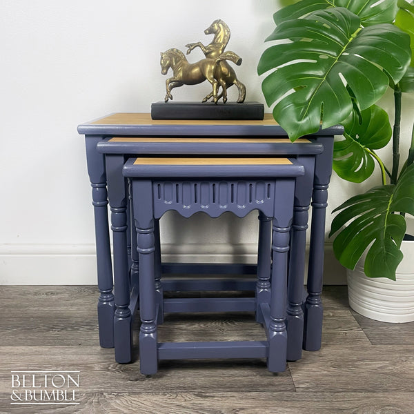 Oak Nest of Tables in Blue by Farrow Ball – front view showing overall layout