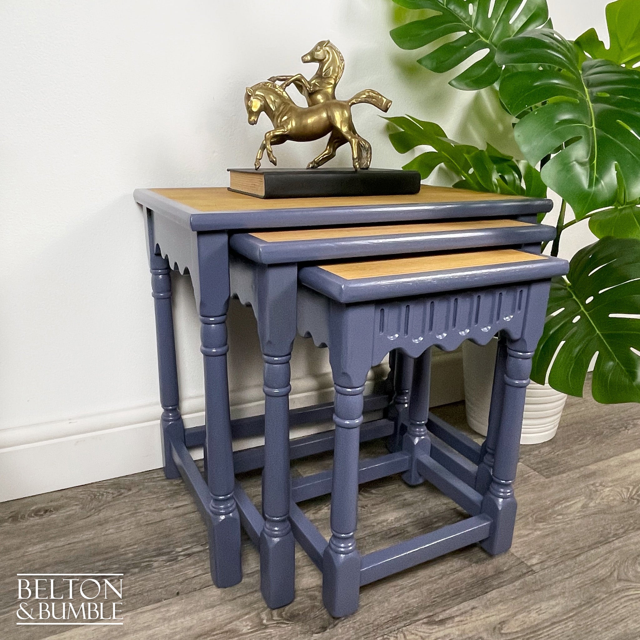 Oak Nest of Tables in Blue by Farrow Ball – Styled product shot with complementary decor to suggest scale