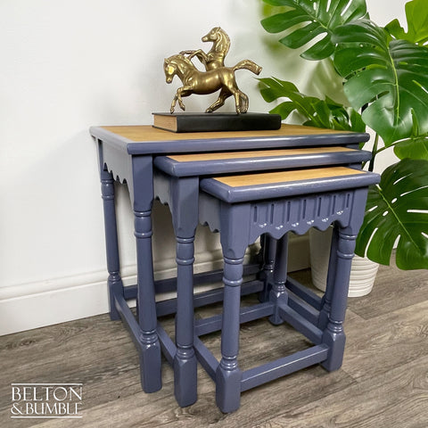 Oak Nest of Tables in Blue by Farrow Ball – Styled product shot with complementary decor to suggest scale