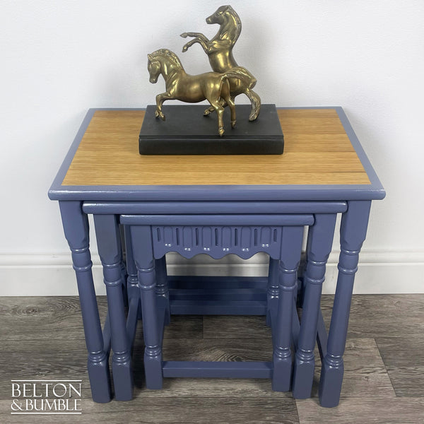 Oak Nest of Tables in Blue by Farrow Ball – Top surface detail showing smooth, satin finish and edge profile