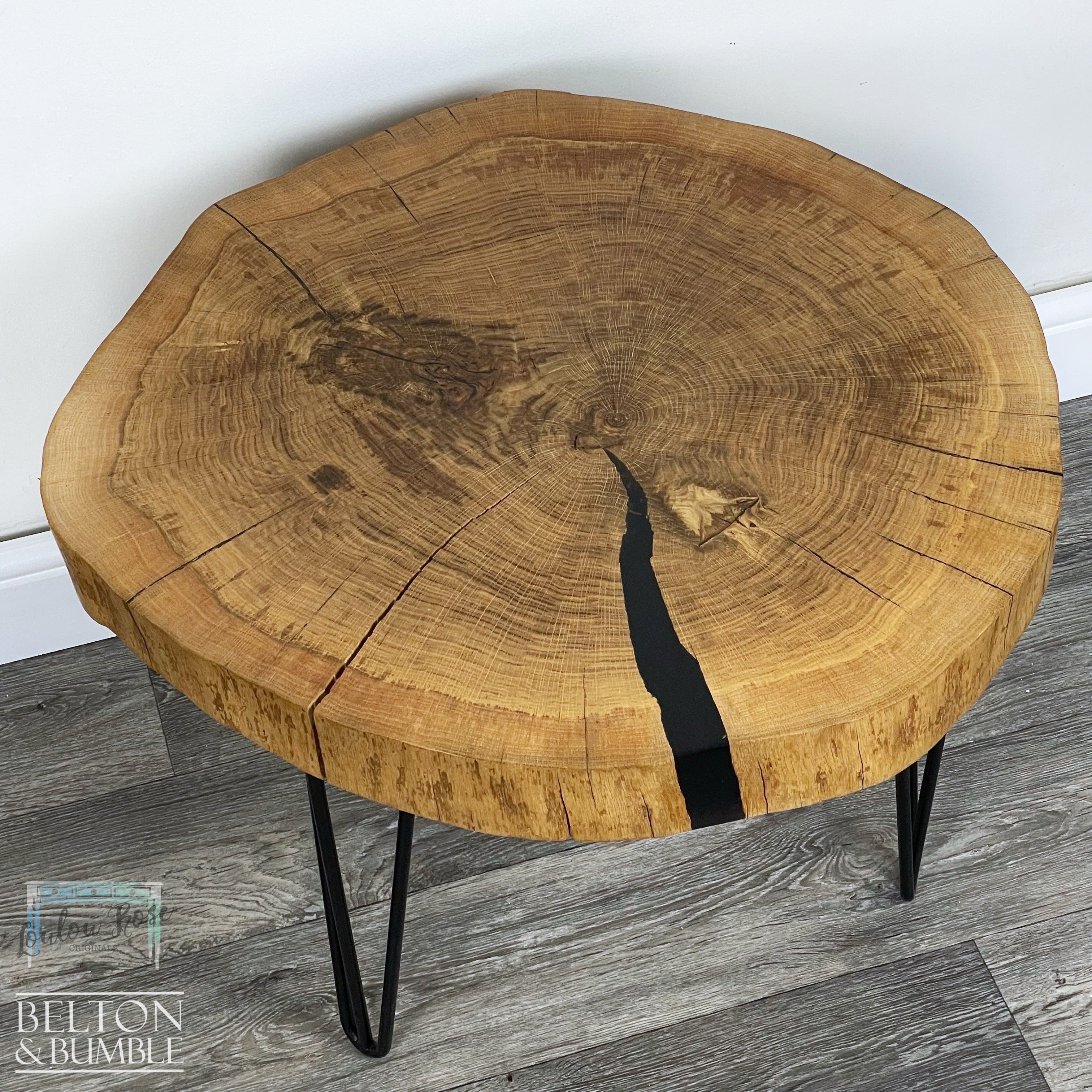 Oak Slice Oak Slice Black Resin Coffee Table – Restored vintage piece with oak, resin and black accents and polished top, metal legs