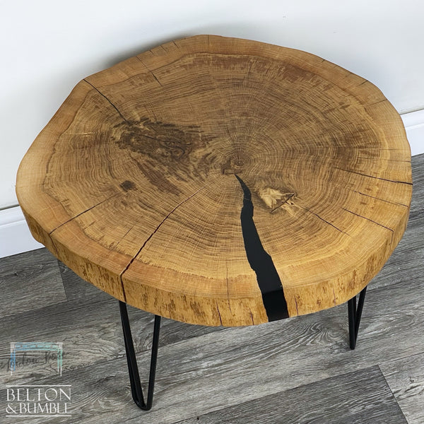 Oak Slice Oak Slice Black Resin Coffee Table – Restored vintage piece with oak, resin and black accents and polished top, metal legs
