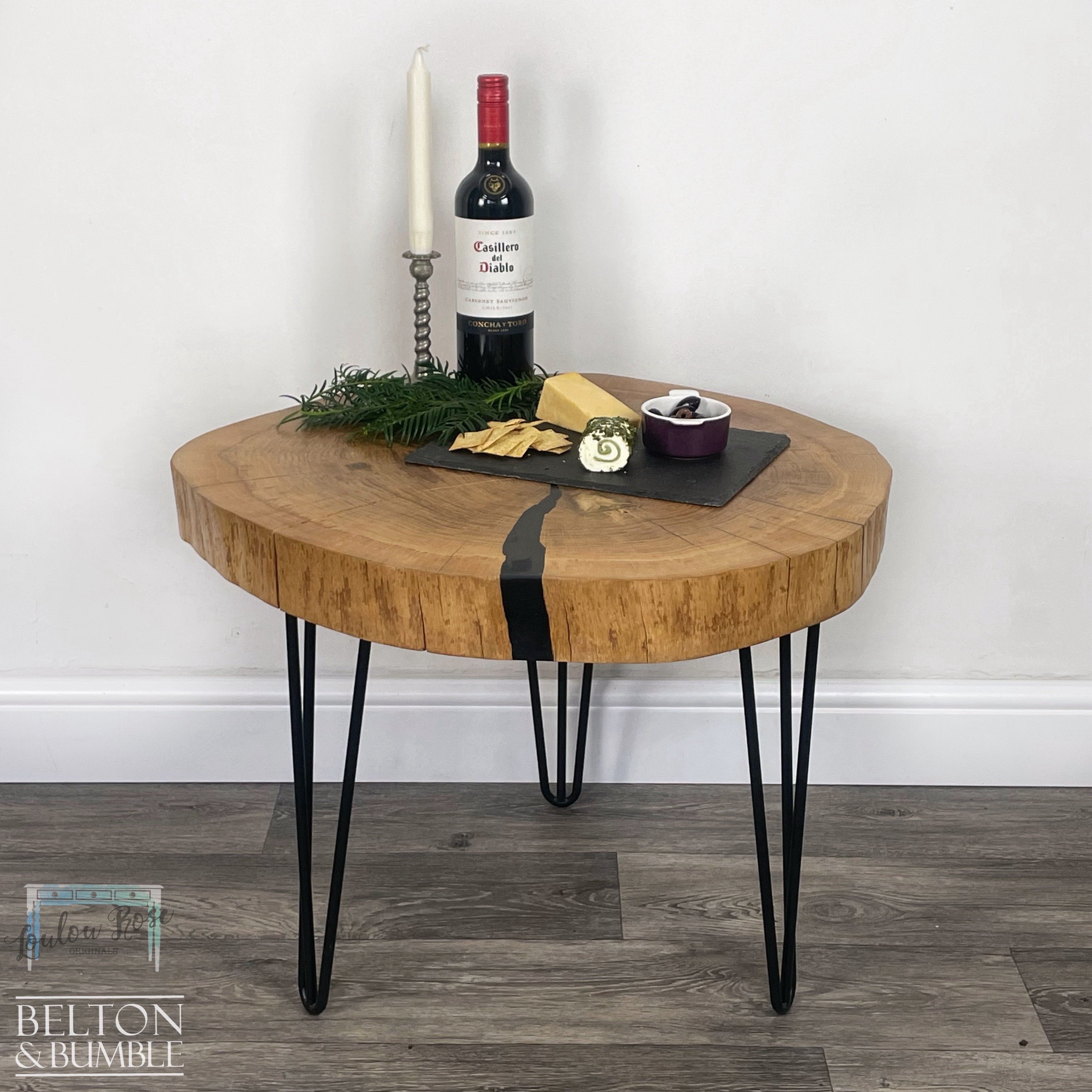 Oak Slice Black Resin Coffee Table – Top surface detail showing smooth, satin finish and edge profile