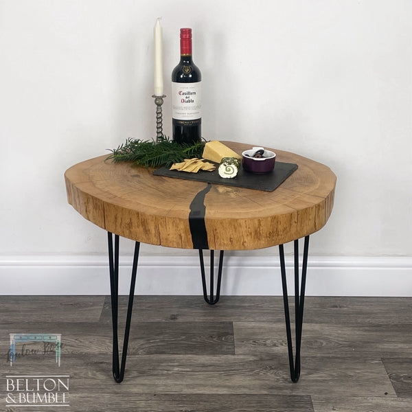 Oak Slice Black Resin Coffee Table – Top surface detail showing smooth, satin finish and edge profile