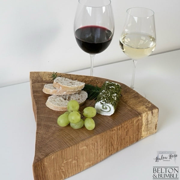 Oak Slice Cheese & Bread Board 33 cm – side view showing finished back and markings