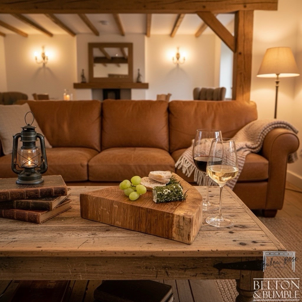 Oak Slice Cheese & Bread Board 33 cm – styled serving shot with cheese and bread for scale