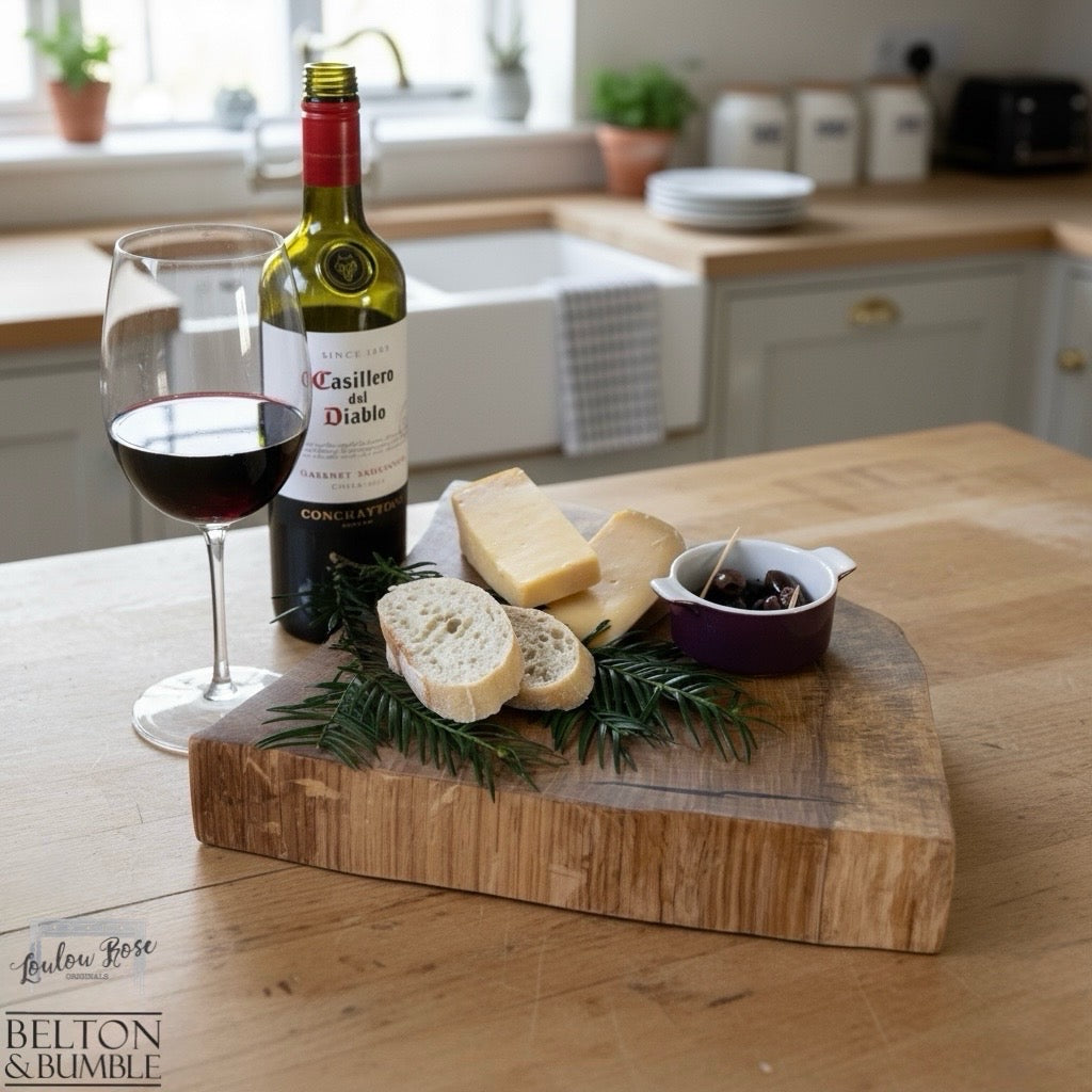 Oak Slice Cheese & Bread Board 40 cm – lifestyle table setting with oak board in use