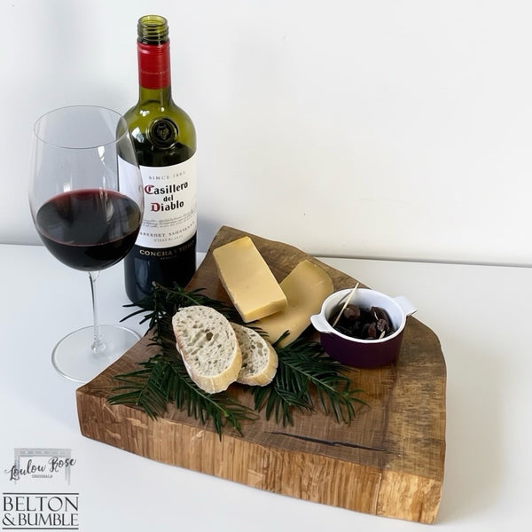 Oak Slice Cheese & Bread Board 40 cm – styled serving shot with cheeses to show scale