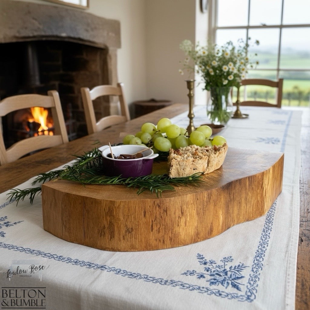 Oak Slice Cheese & Bread Board 41 cm – styled serving shot with cheese and bread