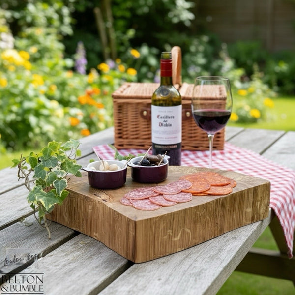 Oak Slice Cheese & Bread Board 44 cm – lifestyle table setting to show presentation