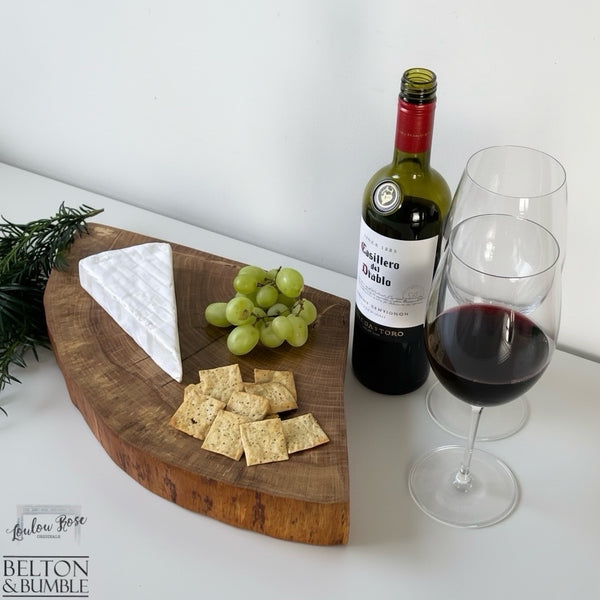 Oak Slice Cheese & Bread Board 45 cm – top overview  showing finished back and markings
