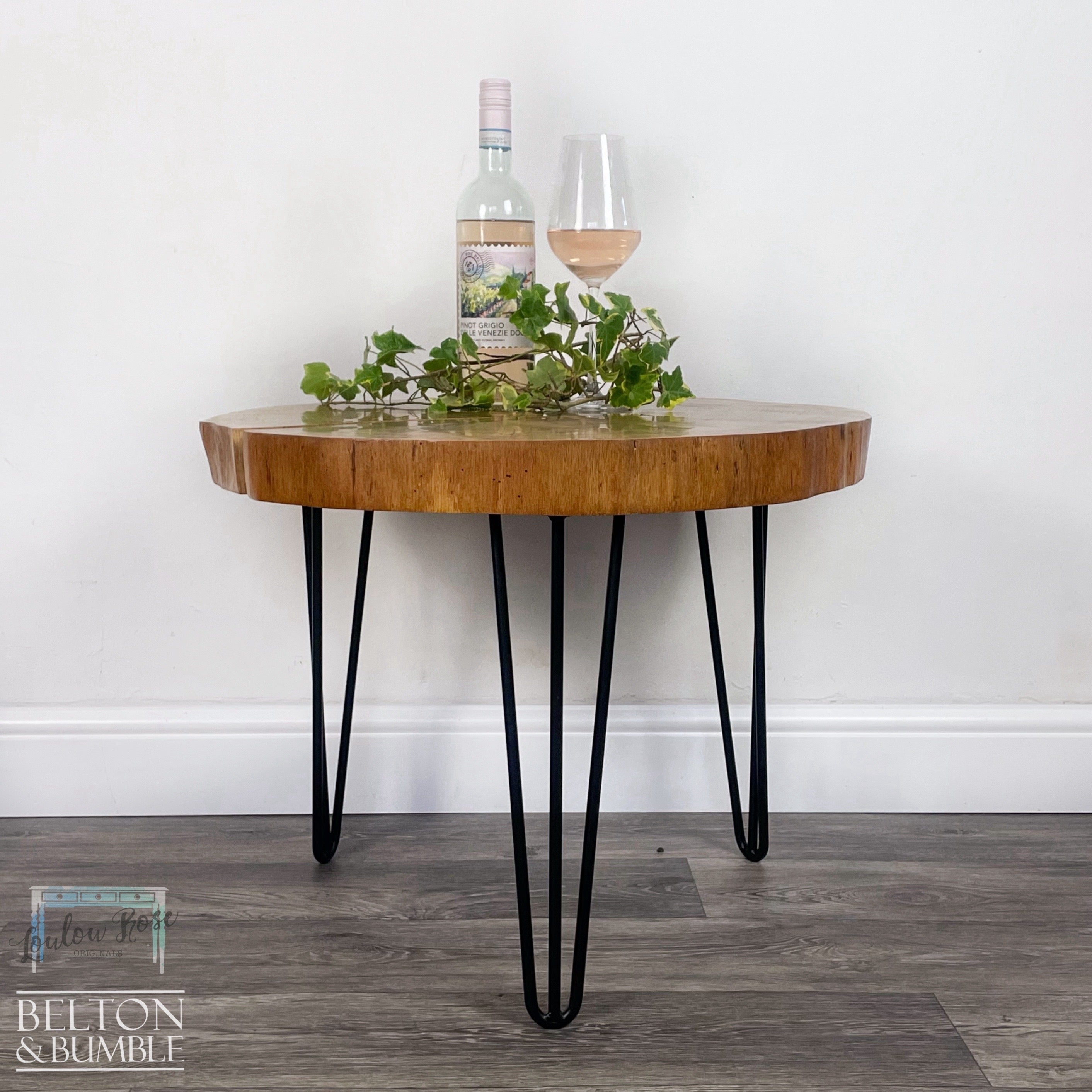 Oak Slice Gold Resin Coffee Table – Styled product shot with complementary decor to suggest scale