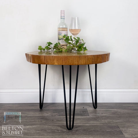 Oak Slice Gold Resin Coffee Table – Styled product shot with complementary decor to suggest scale