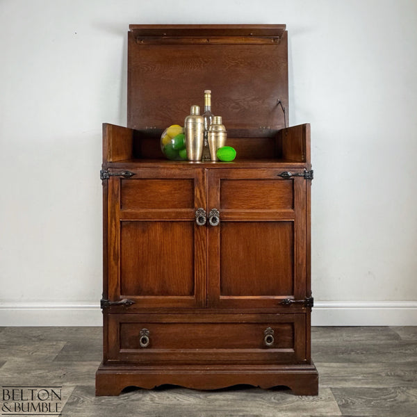 Old Charm Furniture Drinks Cabinet / Entertainment Unit — Lid open showing serving surface and lift-up top for mixing drinks