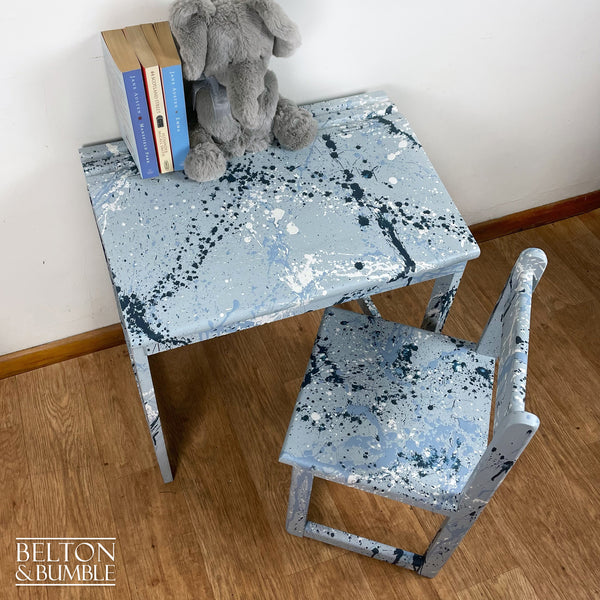 Old School Lift Lid Child’s Writing Desk and Chair in Pale Blue with Multi Coloured Details – Restored wooden vintage piece