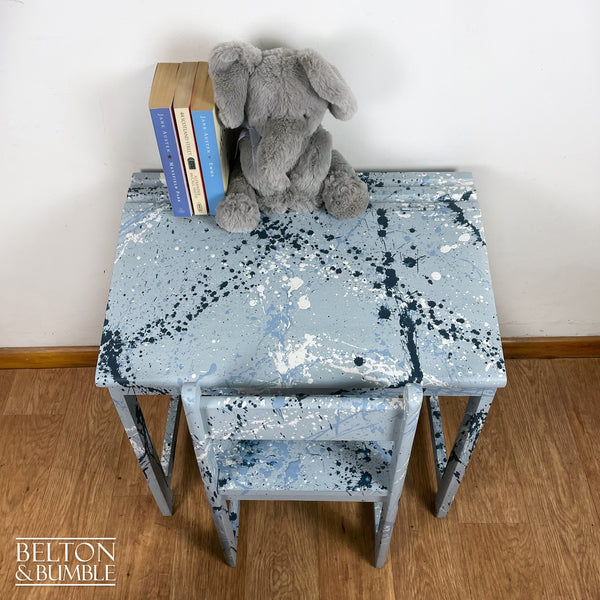 Old School Lift Lid Child’s Writing Desk and Chair in Pale Blue with Multi Coloured Details – front top view showing overall layout