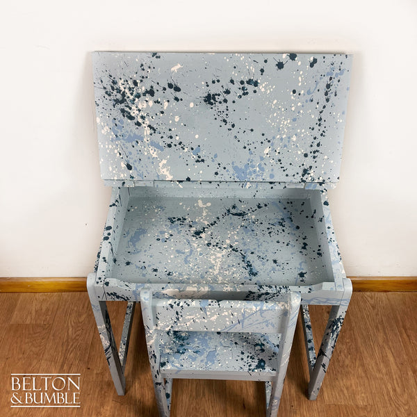 Old School Lift Lid Child’s Writing Desk and Chair in Pale Blue with Multi Coloured Details – Interior detail view with usable storage