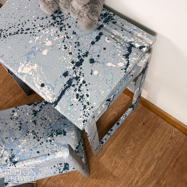 Old School Lift Lid Child’s Writing Desk and Chair in Pale Blue with Multi Coloured Details – Side profile highlighting depth, leg shape and silhouette