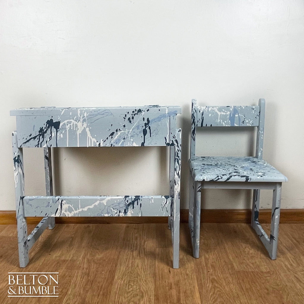 Old School Lift Lid Child’s Writing Desk and Chair in Pale Blue with Multi Coloured Details – Side bhy side profile