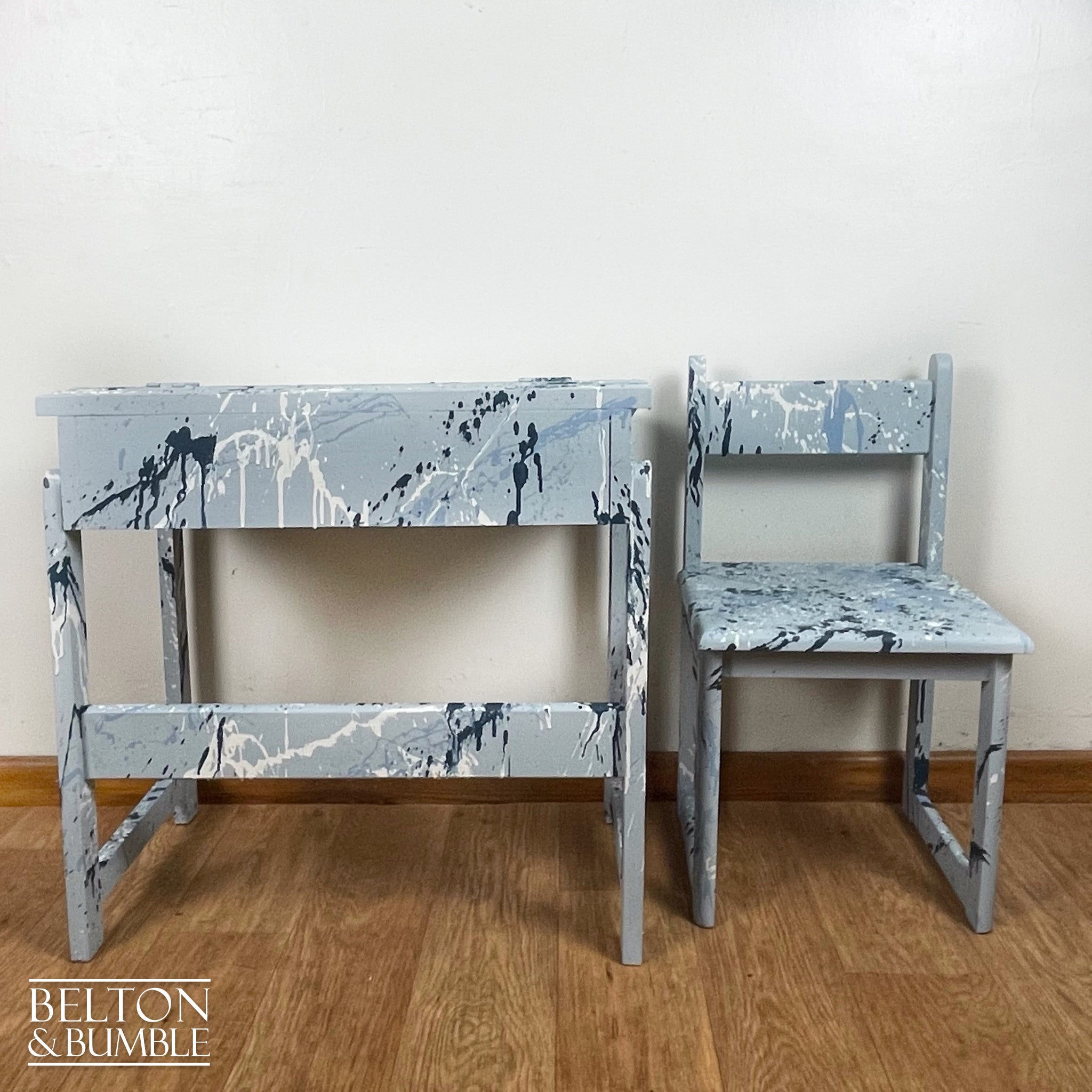 Old School Lift Lid Child’s Writing Desk and Chair in Pale Blue with Multi Coloured Details – Side bhy side profile