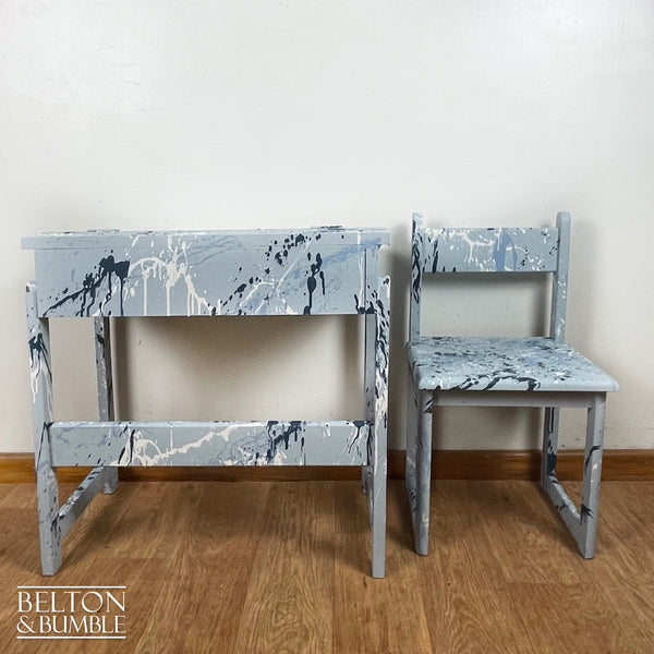 Old School Lift Lid Child’s Writing Desk and Chair in Pale Blue with Multi Coloured Details – Side bhy side profile