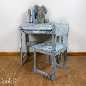 Old School Lift Lid Child’s Writing Desk and Chair in Pale Blue with Multi Coloured Details – Styled product shot with complementary decor to suggest scale