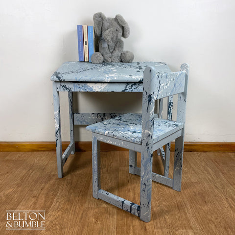Old School Lift Lid Child’s Writing Desk and Chair in Pale Blue with Multi Coloured Details – Styled product shot with complementary decor to suggest scale