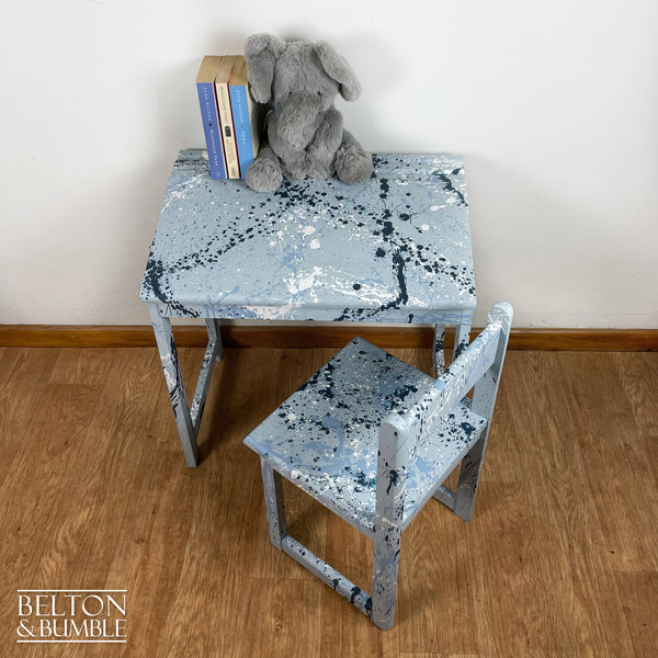 Old School Lift Lid Child’s Writing Desk and Chair in Pale Blue with Multi Coloured Details – Top surface detail showing finish and profile