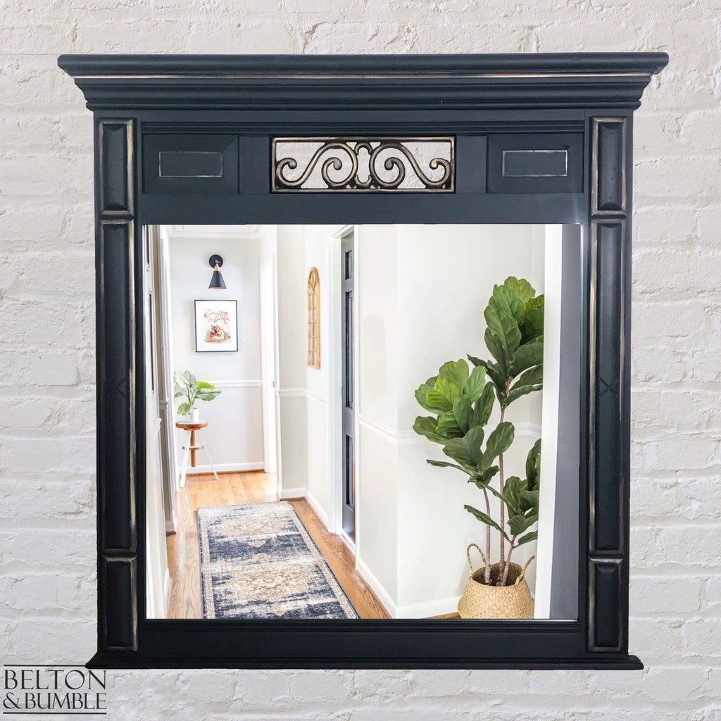 Large Dark Blue and Gold Carved Over Mantle Fireplace Mirror-Belton & Bumble