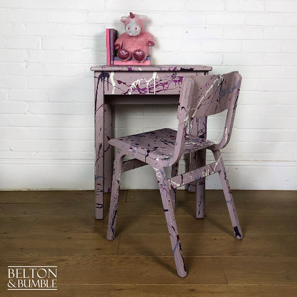 Old School Lift Lid Child’s Writing Desk and Chair in Pink with Multi Coloured Details-Belton & Bumble
