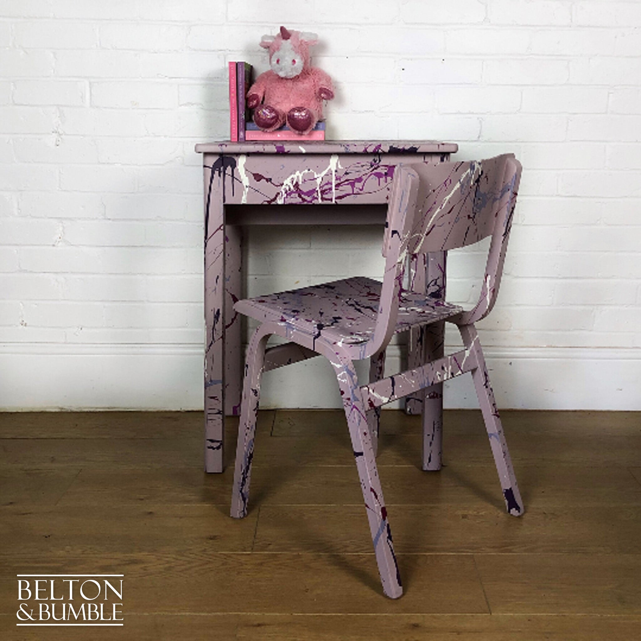 Old School Lift Lid Child’s Writing Desk and Chair in Pink with Multi Coloured Details-Belton & Bumble