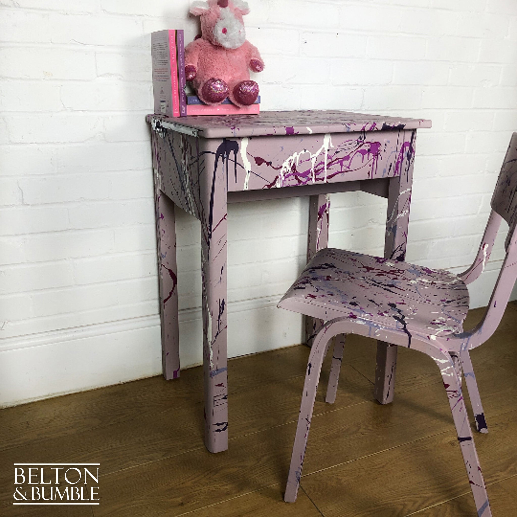 Old School Lift Lid Child’s Writing Desk and Chair in Pink with Multi Coloured Details-Belton & Bumble
