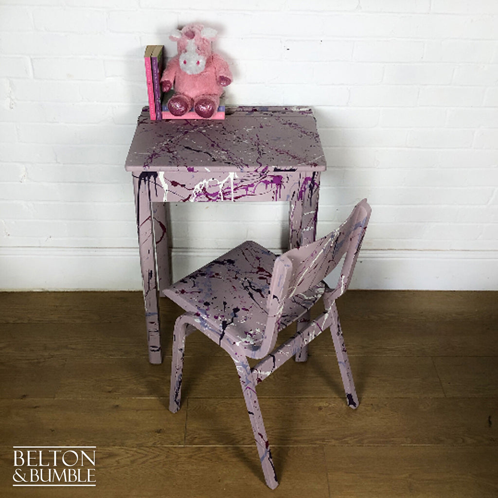 Old School Lift Lid Child’s Writing Desk and Chair in Pink with Multi Coloured Details-Belton & Bumble