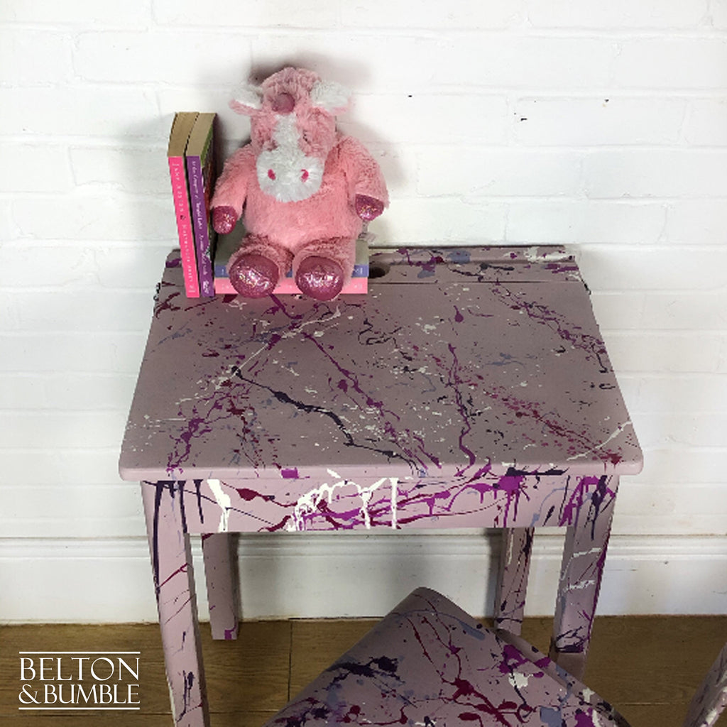 Old School Lift Lid Child’s Writing Desk and Chair in Pink with Multi Coloured Details-Belton & Bumble