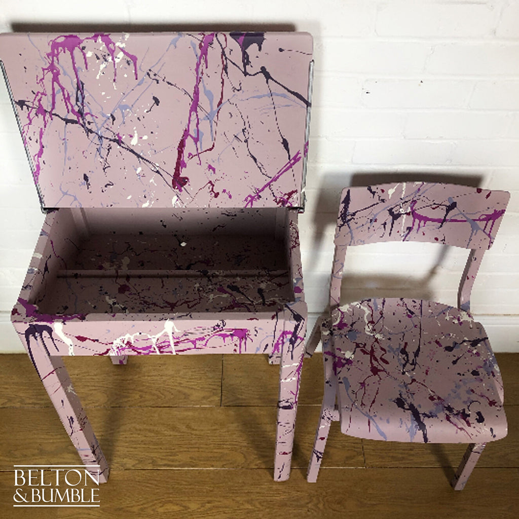 Old School Lift Lid Child’s Writing Desk and Chair in Pink with Multi Coloured Details-Belton & Bumble