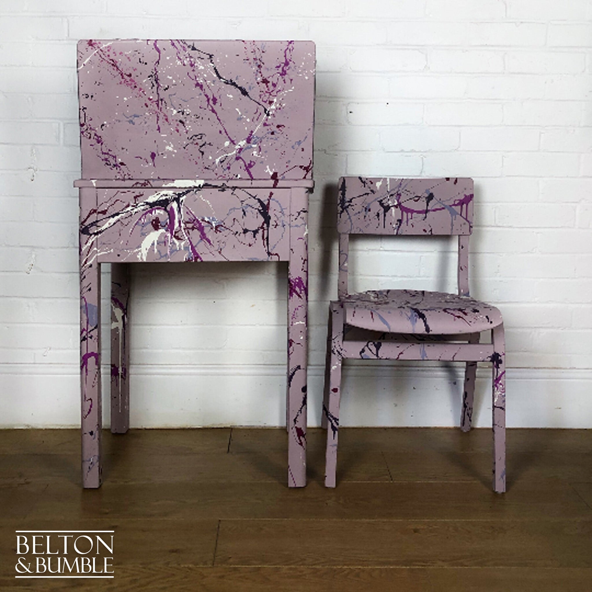 Old School Lift Lid Child’s Writing Desk and Chair in Pink with Multi Coloured Details-Belton & Bumble