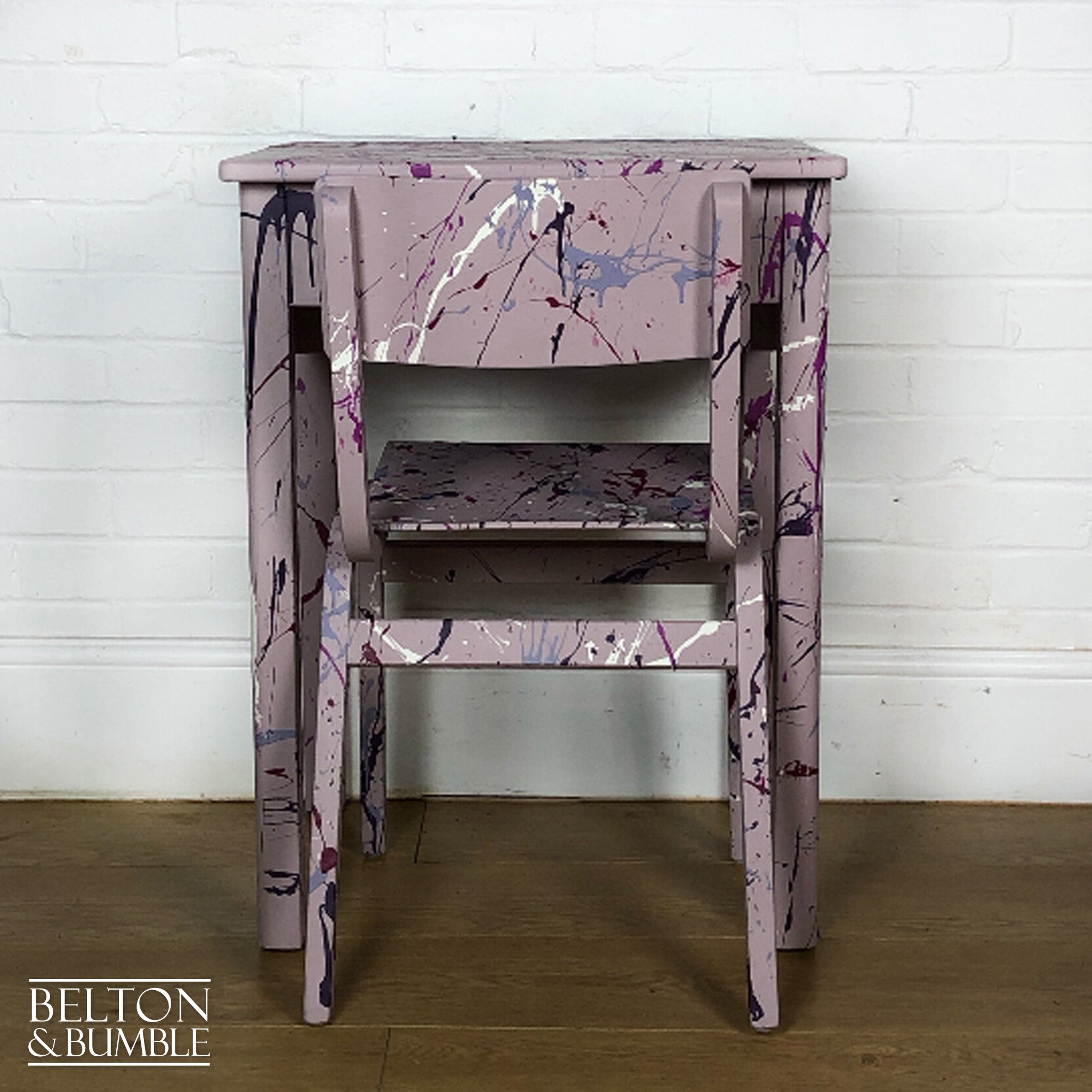Old School Lift Lid Child’s Writing Desk and Chair in Pink with Multi Coloured Details-Belton & Bumble