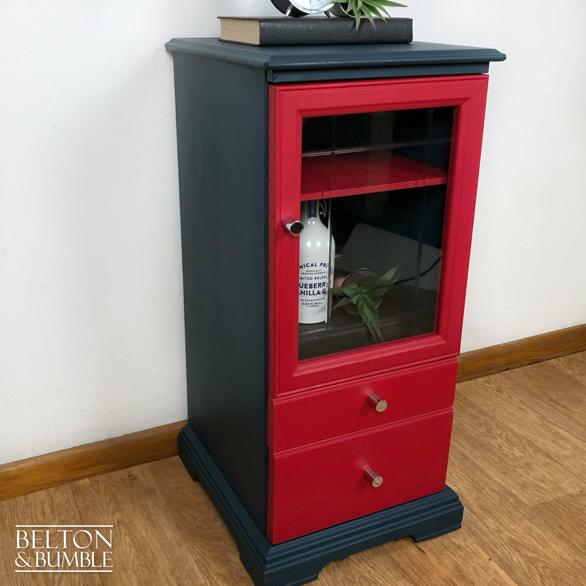Petite Drinks Cabinet with Glass Door in Blue and Red – angled view showing proportions and stance
