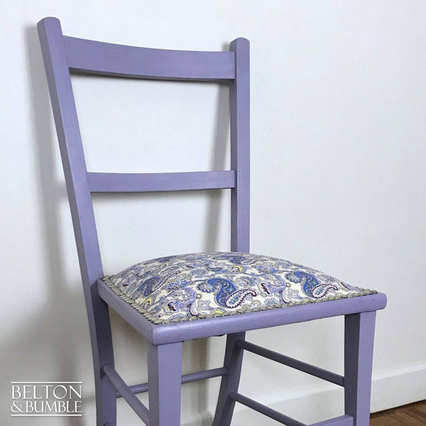 Petite Pale Purple and Paisley Reupholstered Chair with Purple Paisley Fabric – angled view showing proportions and stance