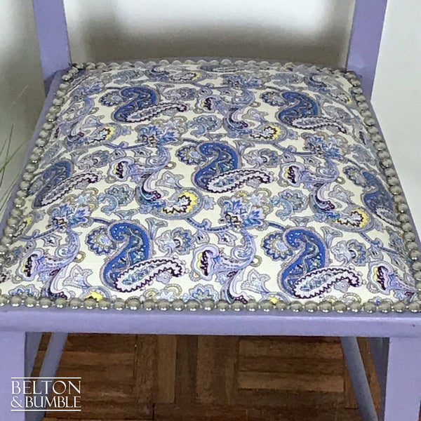 Petite Pale Purple and Paisley Reupholstered Chair with Purple Paisley Fabric – Close-up of upholstery with purple finish