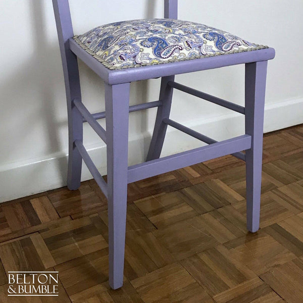 Petite Pale Purple and Paisley Reupholstered Chair with Purple Paisley Fabric – Restored vintage piece with wood and purple accents and upholstered seat, wooden legs