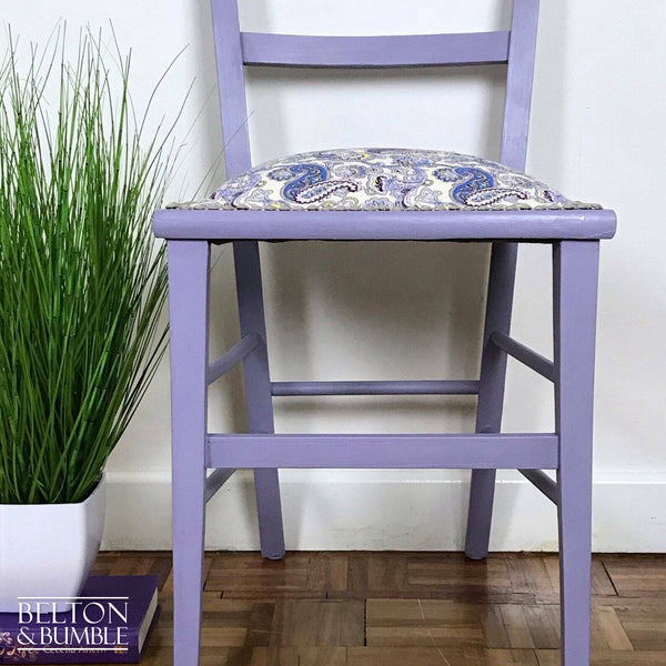 Petite Pale Purple and Paisley Reupholstered Chair with Purple Paisley Fabric – Front profile highlighting leg shape and silhouette of seat pad
