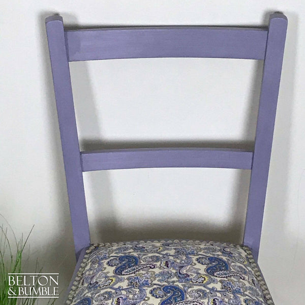Petite Pale Purple and Paisley Reupholstered Chair with Purple Paisley Fabric – front view showing overall layout