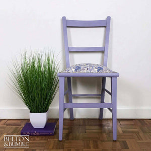 Petite Pale Purple and Paisley Reupholstered Chair with Purple Paisley Fabric – Styled product shot with complementary décor to suggest scale
