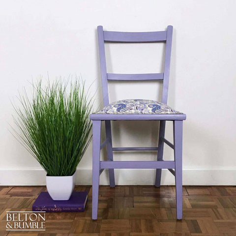 Petite Pale Purple and Paisley Reupholstered Chair with Purple Paisley Fabric – Styled product shot with complementary décor to suggest scale