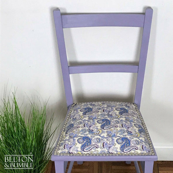 Petite Pale Purple and Paisley Reupholstered Chair with Purple Paisley Fabric – Top surface detail showing paisley print 