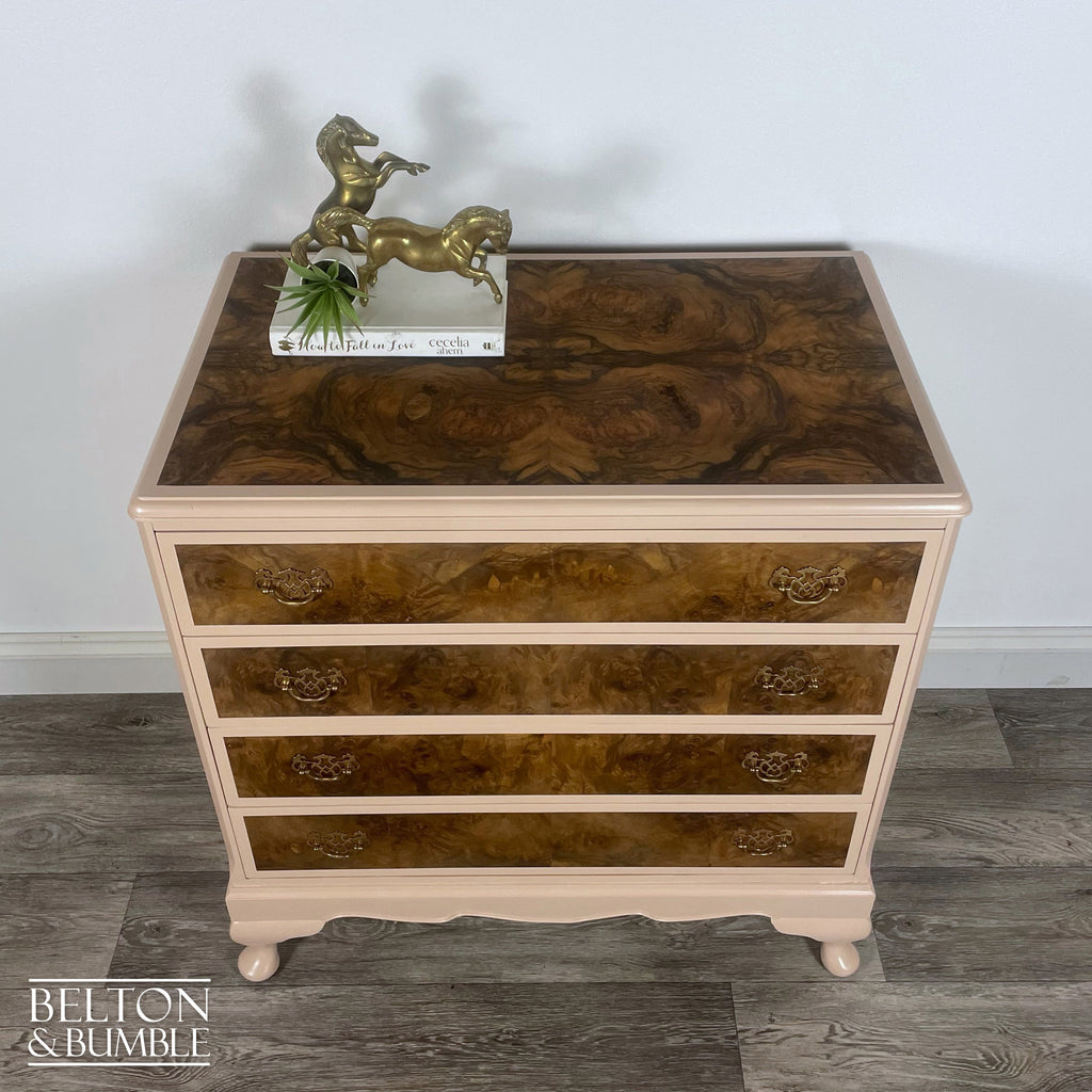 Four Drawer Chest of Drawers in Dusky Pink and Burr Walnut-Belton & Bumble